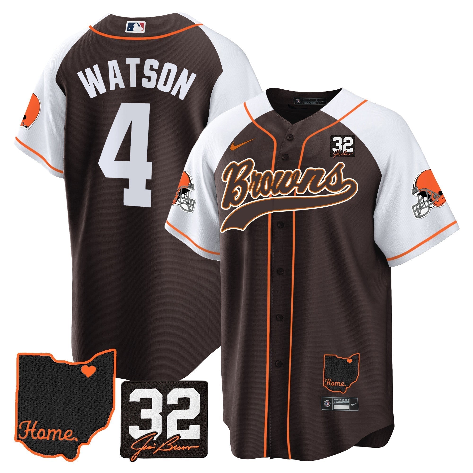 Browns #32 Jim Brown Memorial & Home Patch Baseball Jersey V2 - Stitched