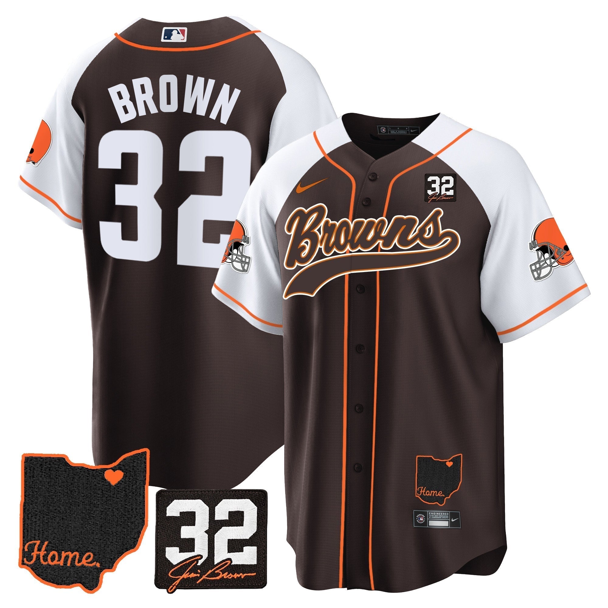 Browns #32 Jim Brown Memorial & Home Patch Baseball Jersey V2 - Stitched