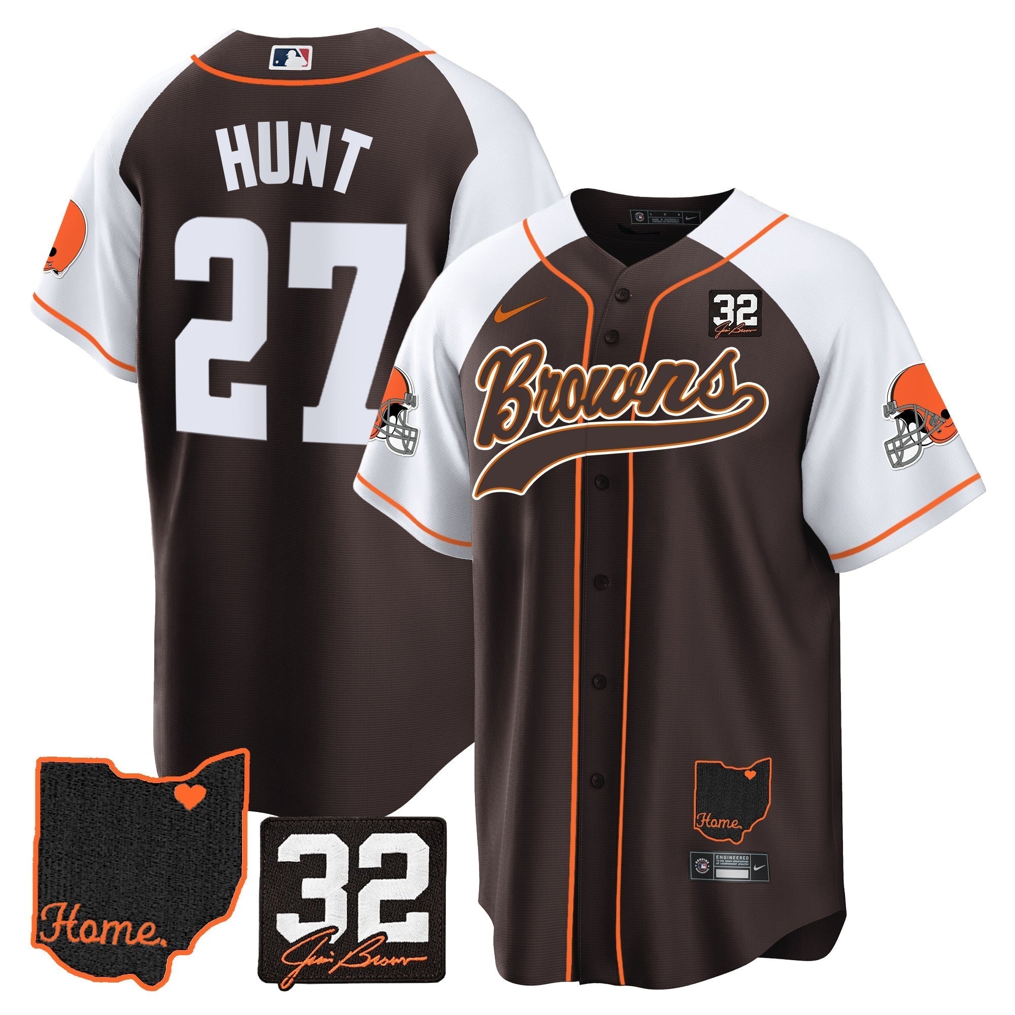 Browns #32 Jim Brown Memorial & Home Patch Baseball Jersey V2 - Stitched