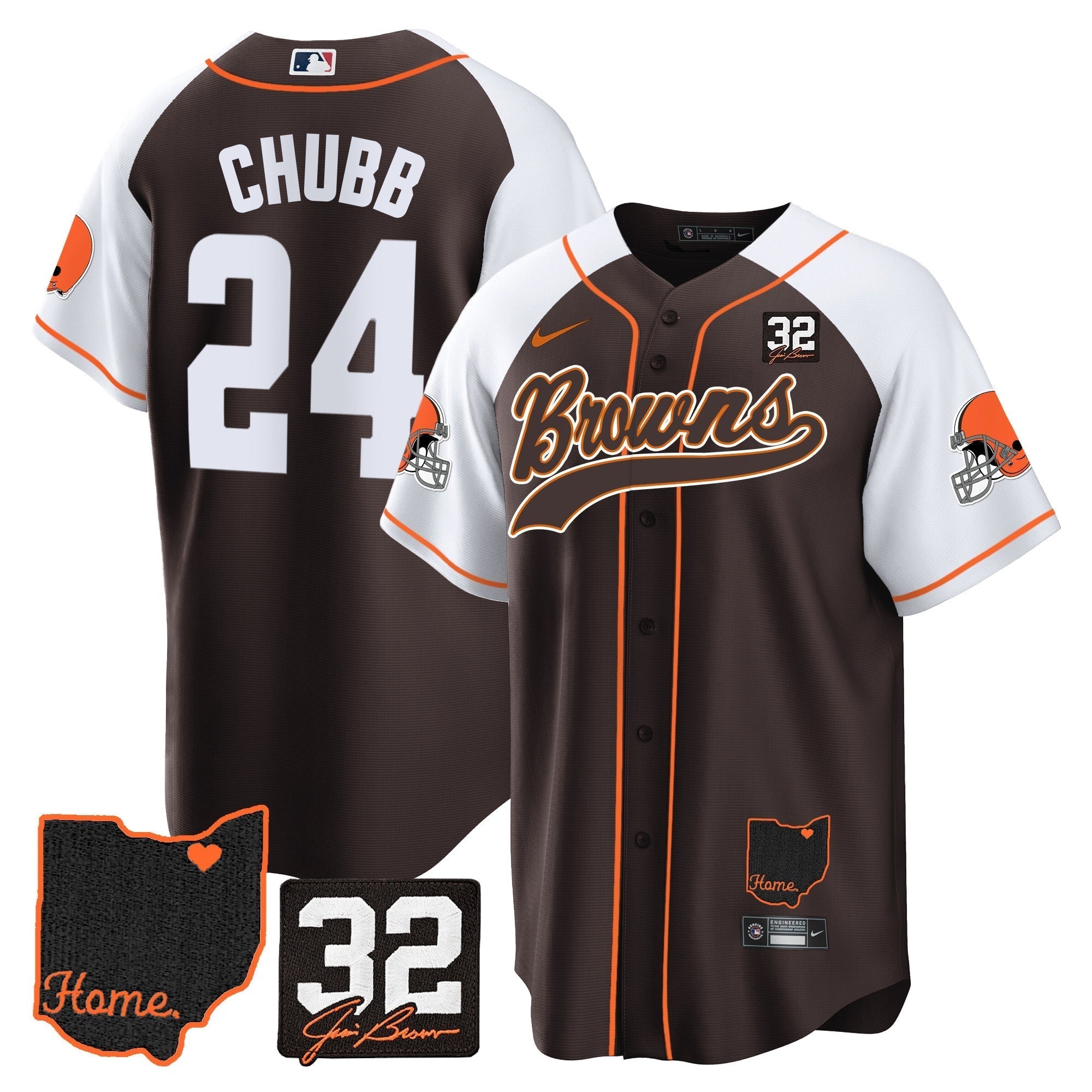 Browns #32 Jim Brown Memorial & Home Patch Baseball Jersey V2 - Stitched