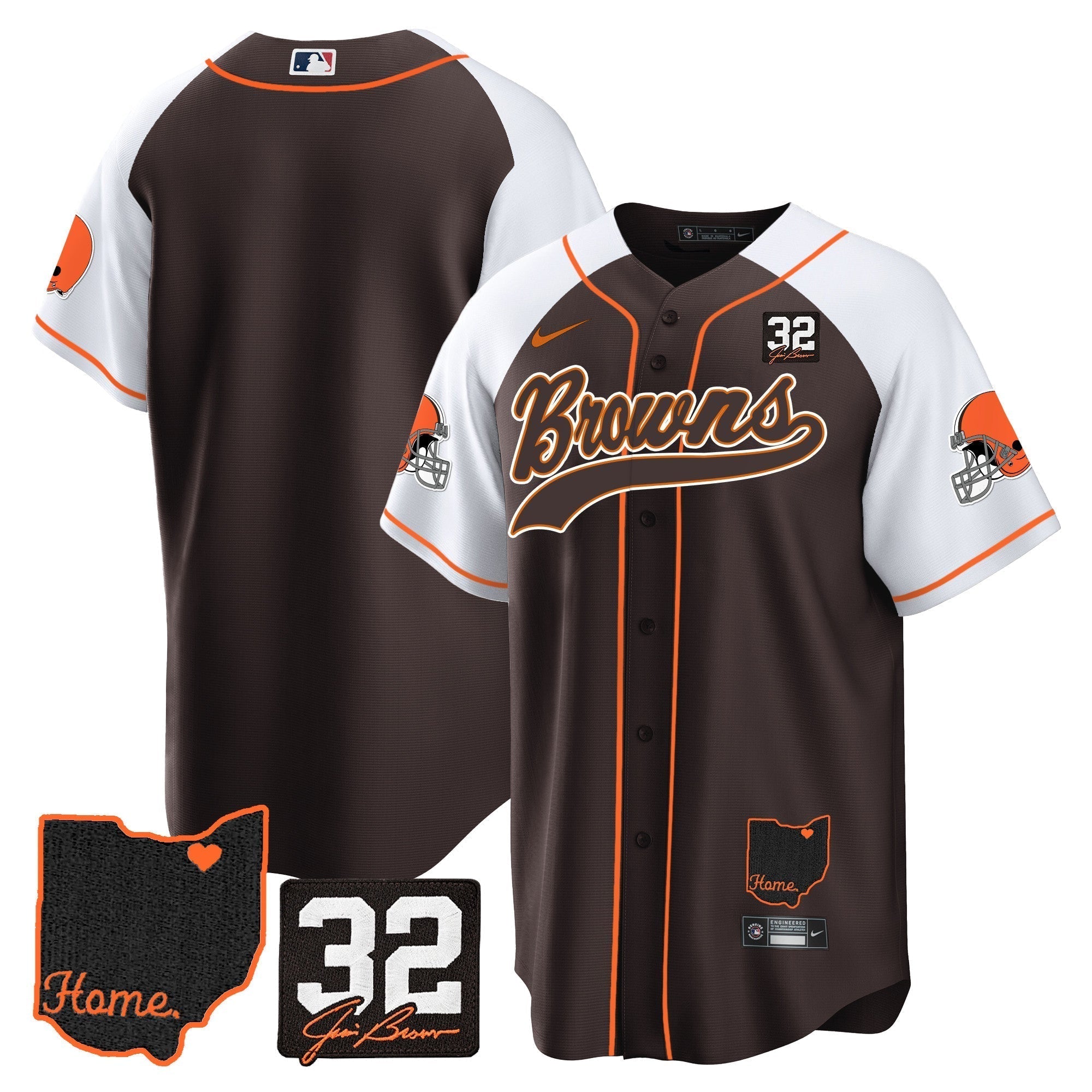 Browns #32 Jim Brown Memorial & Home Patch Baseball Jersey V2 - Stitched