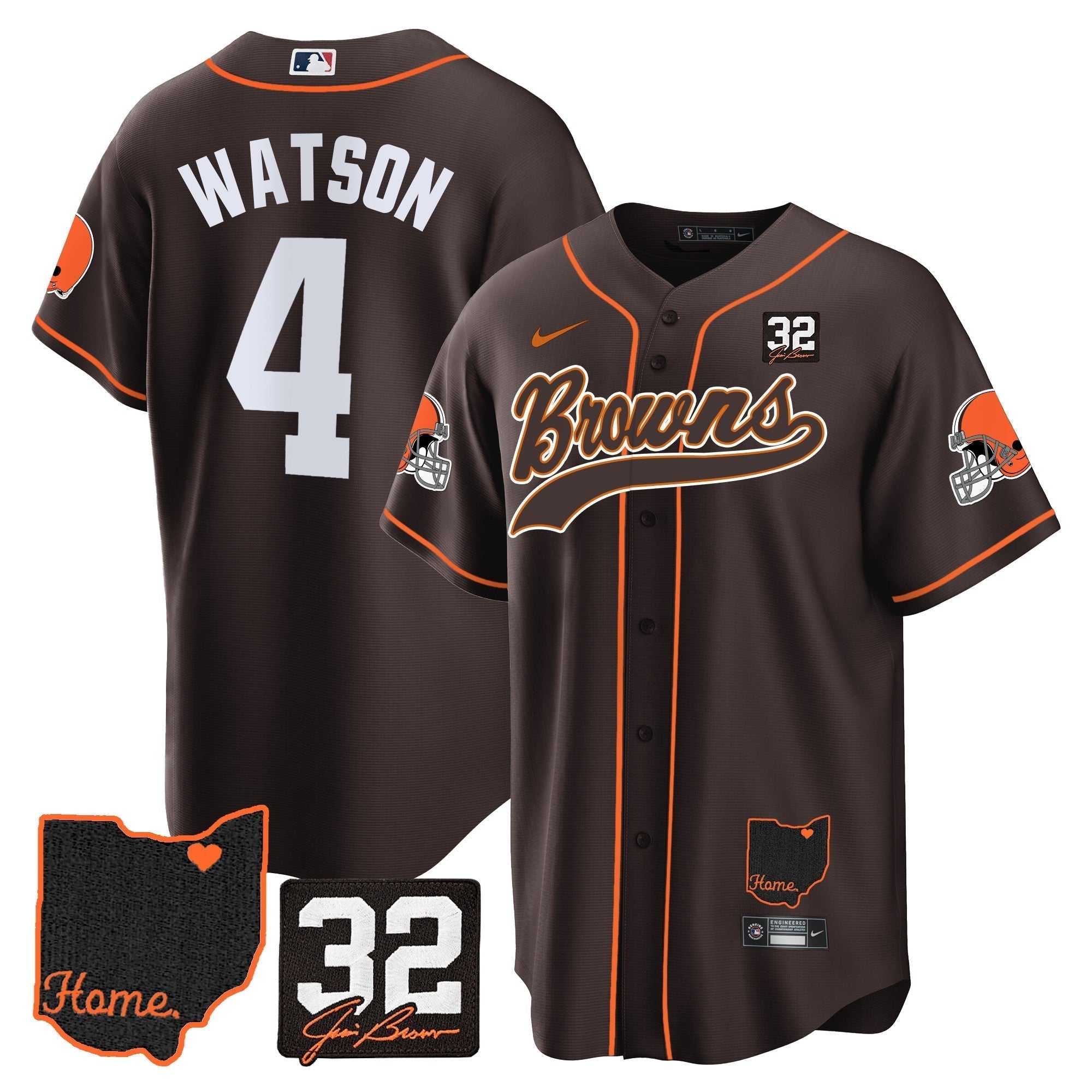 Browns #32 Jim Brown Memorial & Home Patch Baseball Jersey V2 - Stitched