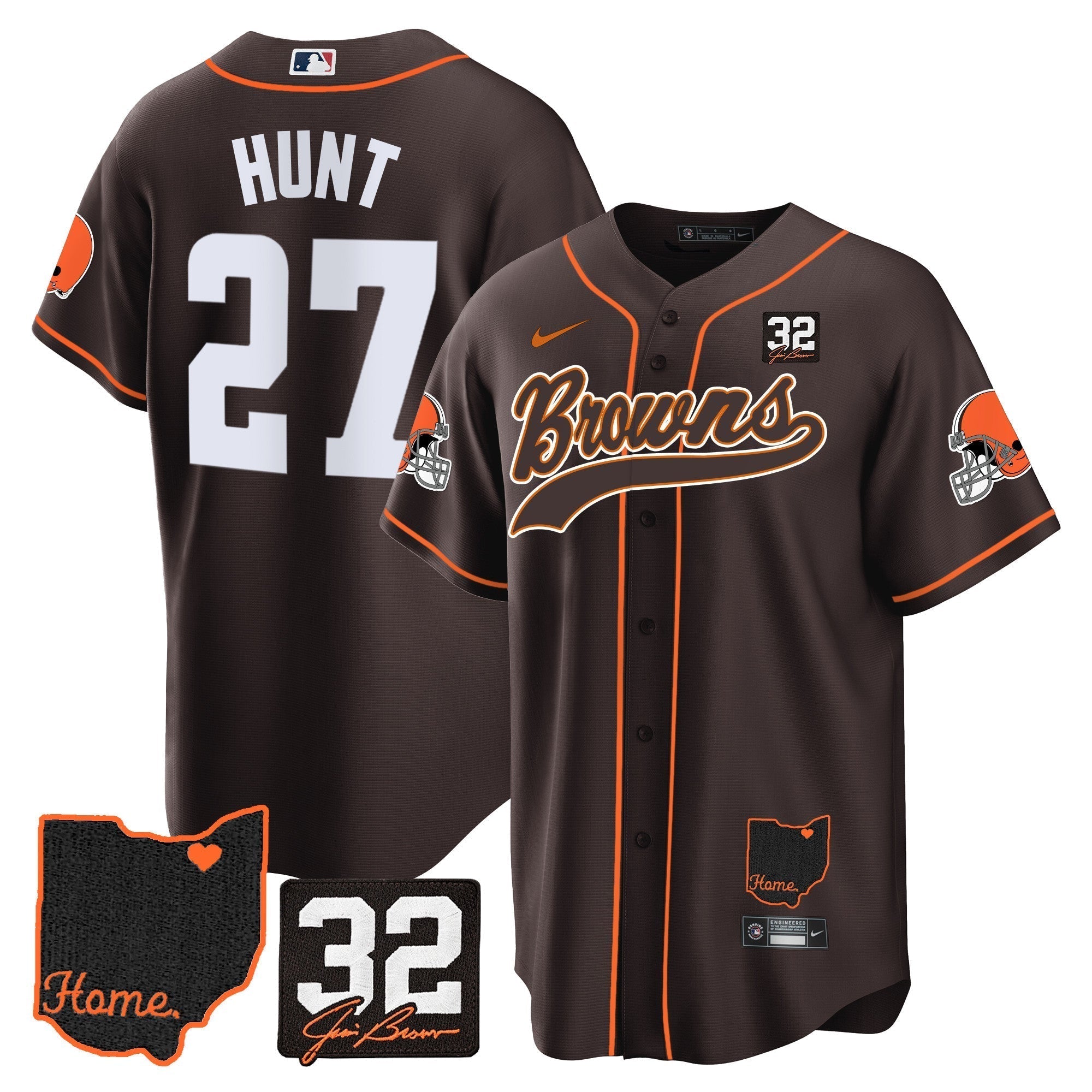 Browns #32 Jim Brown Memorial & Home Patch Baseball Jersey V2 - Stitched