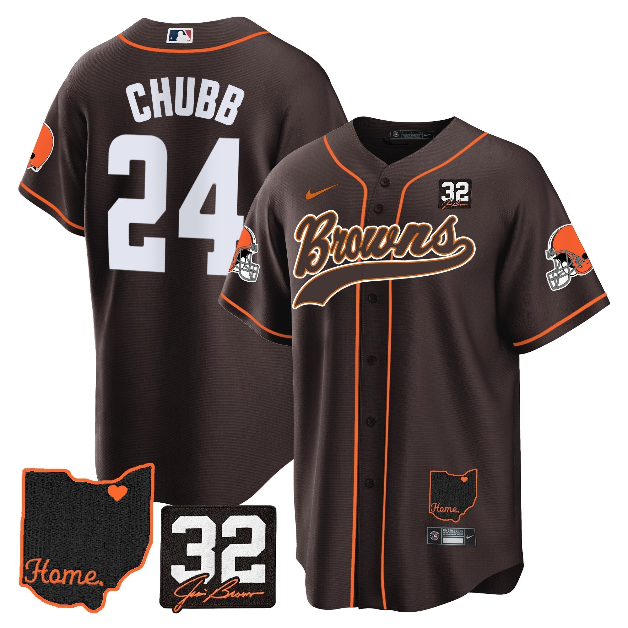 Browns #32 Jim Brown Memorial & Home Patch Baseball Jersey V2 - Stitched