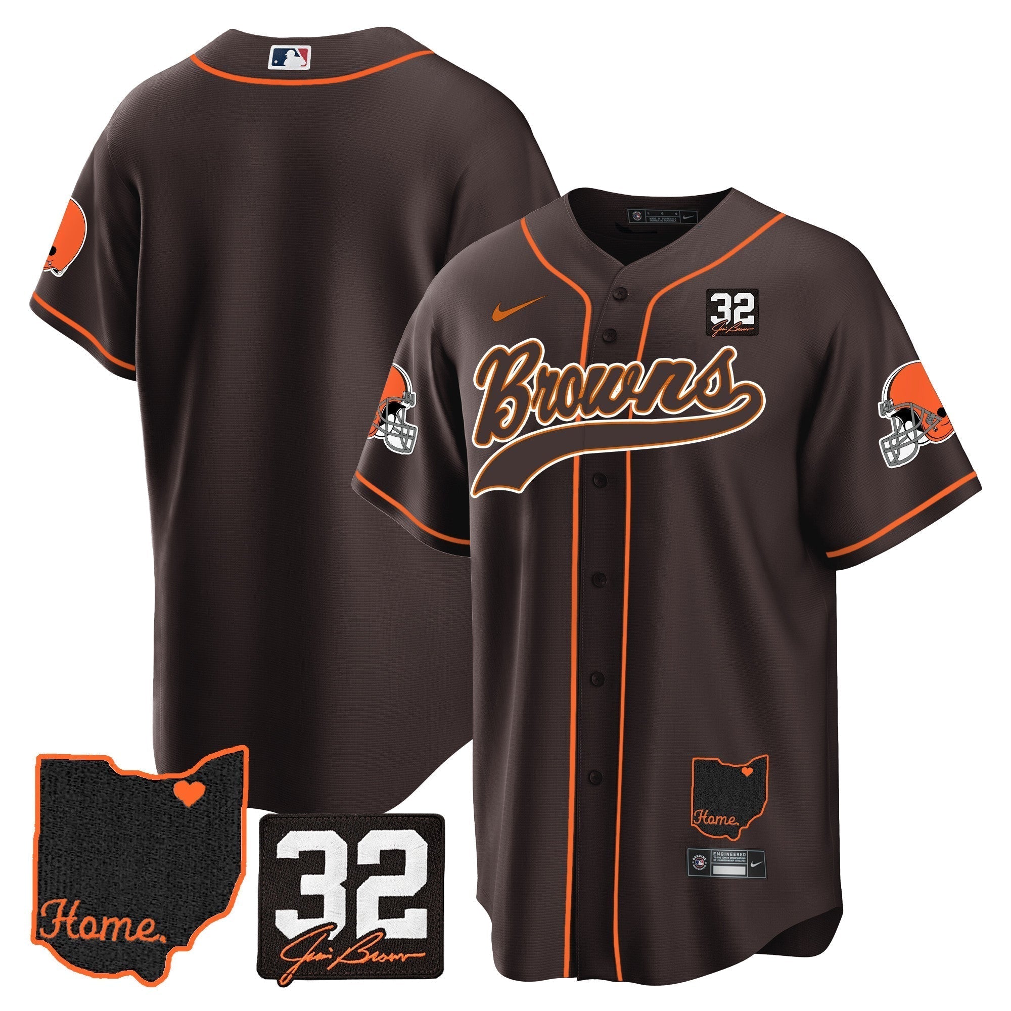 Browns #32 Jim Brown Memorial & Home Patch Baseball Jersey V2 - Stitched