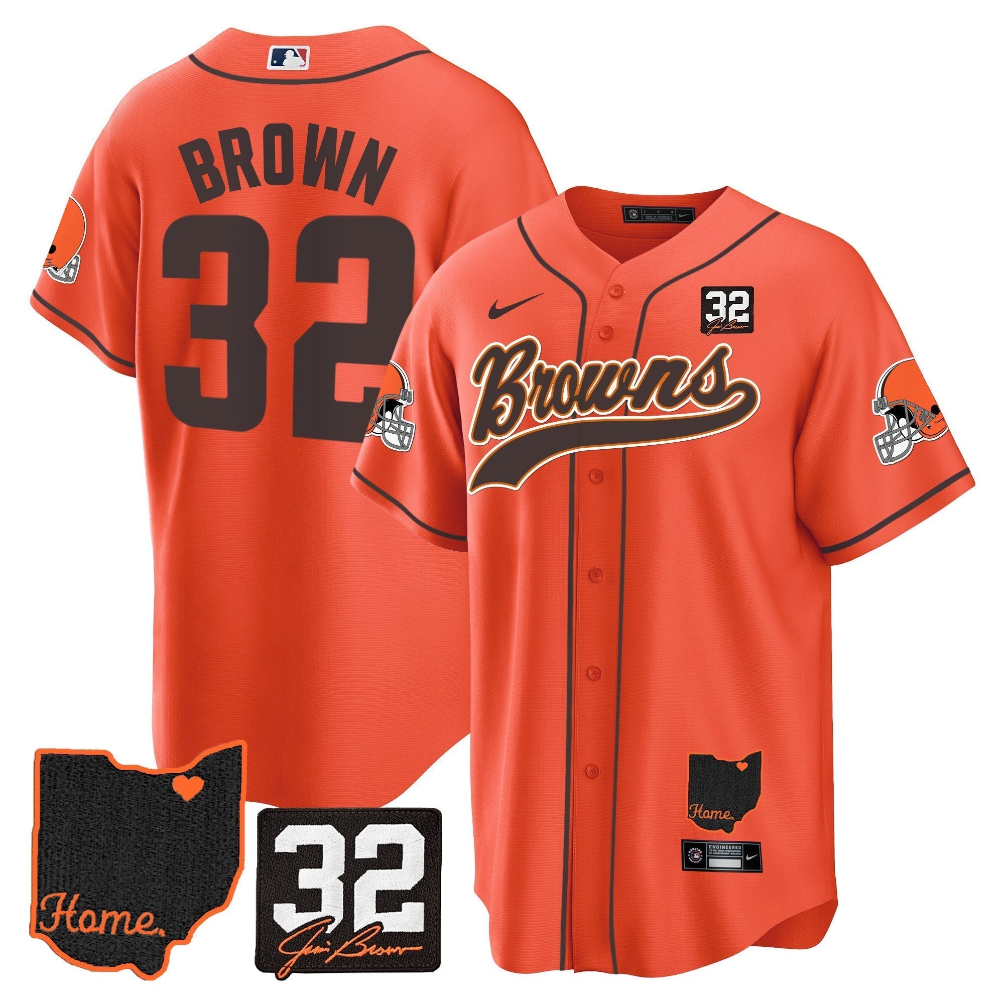 Browns #32 Jim Brown Memorial & Home Patch Baseball Jersey V2 - Stitched