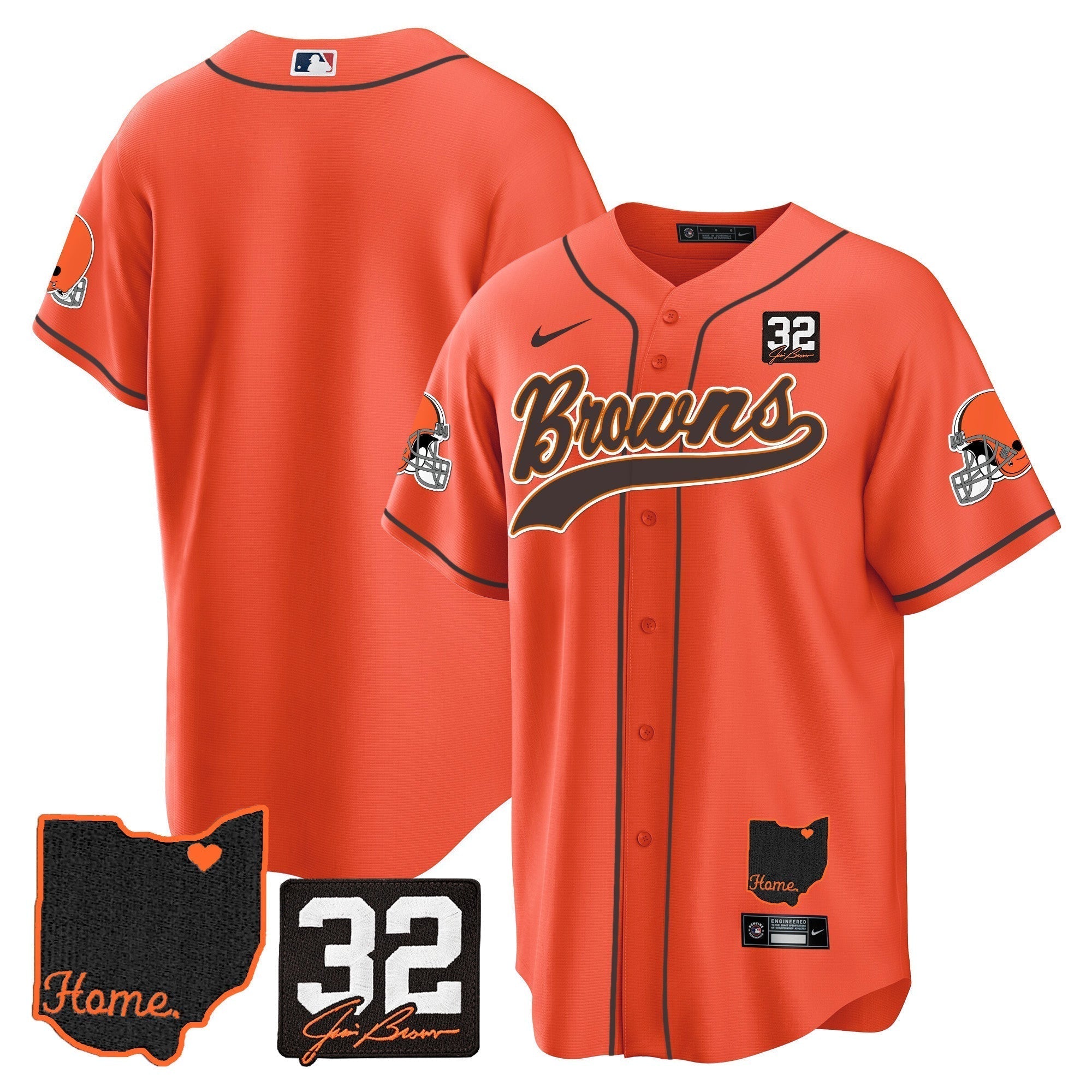 Browns #32 Jim Brown Memorial & Home Patch Baseball Jersey V2 - Stitched
