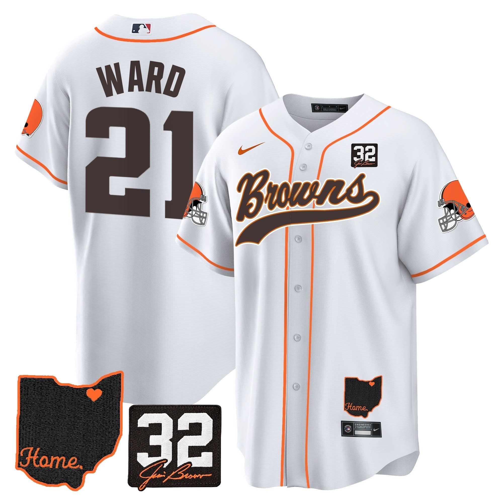 Browns #32 Jim Brown Memorial & Home Patch Baseball Jersey V2 - Stitched