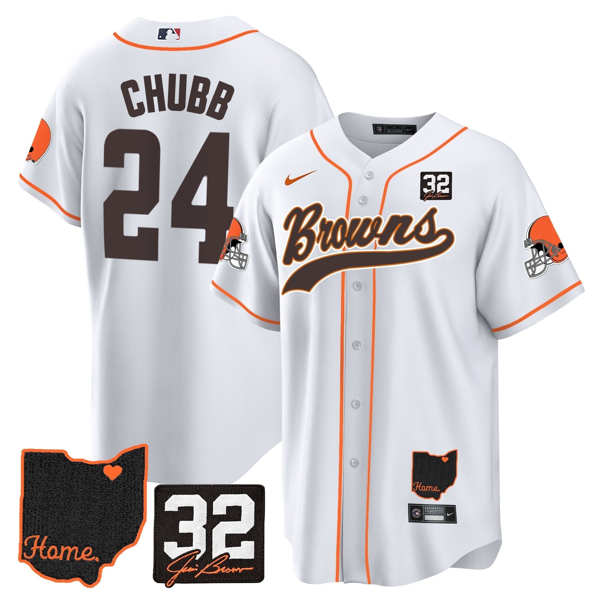 Browns #32 Jim Brown Memorial & Home Patch Baseball Jersey V2 - Stitched