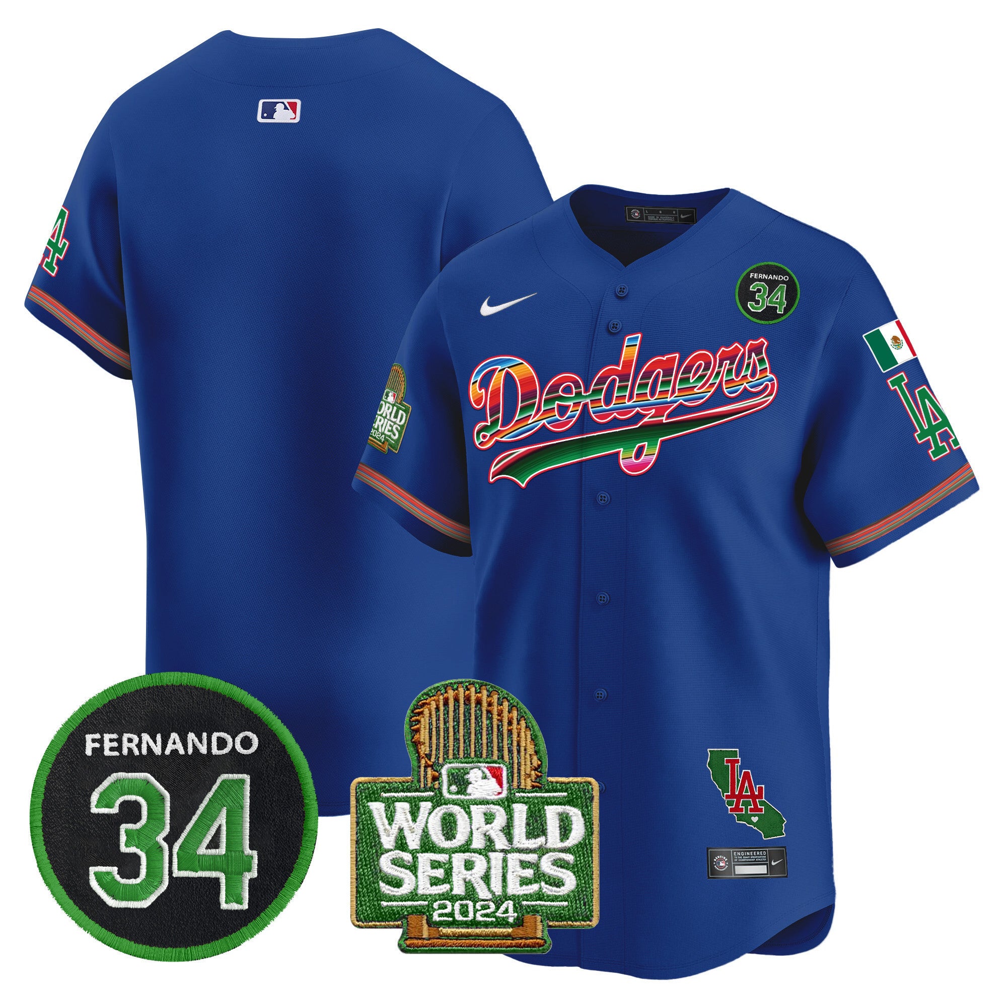 Men's Dodgers Mexico Fernando Memorial & 2024 World Series Patch Vapor Premier Limited Jersey - All Stitched