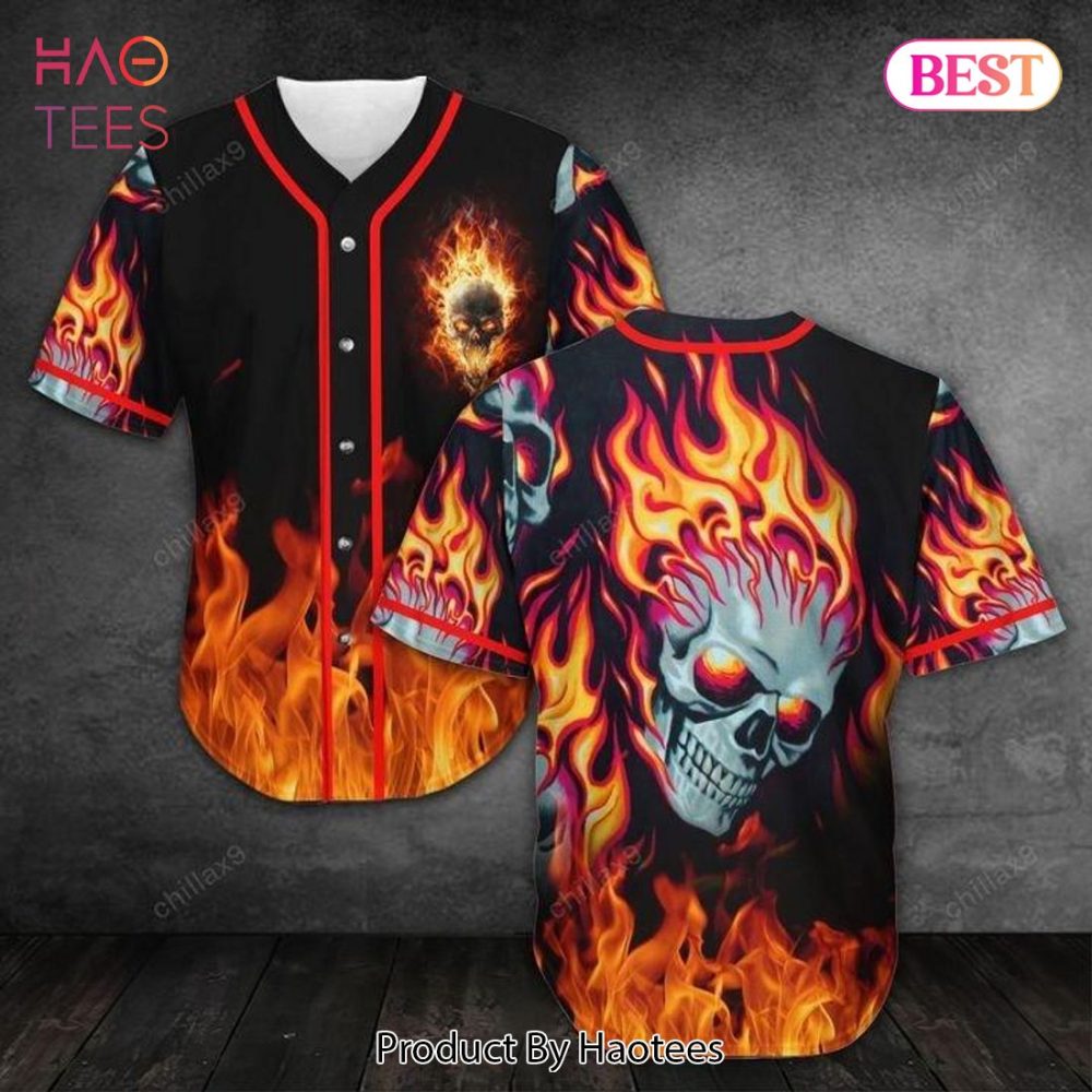 Flaming Skull Baseball Jersey - Bold Fire Graphic Shirt For Men &amp; Women